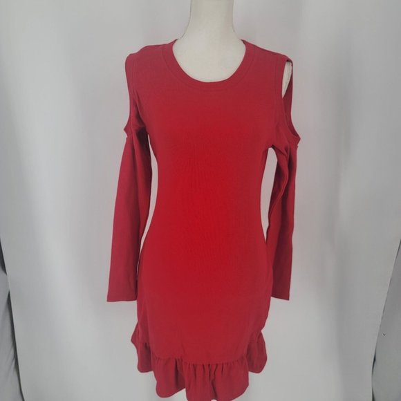 Avec Les Filles Dresses & Skirts - AVEC LES FILLES Women's Red Cold Shoulder Ruffled Ribbed Dress Medium NWT